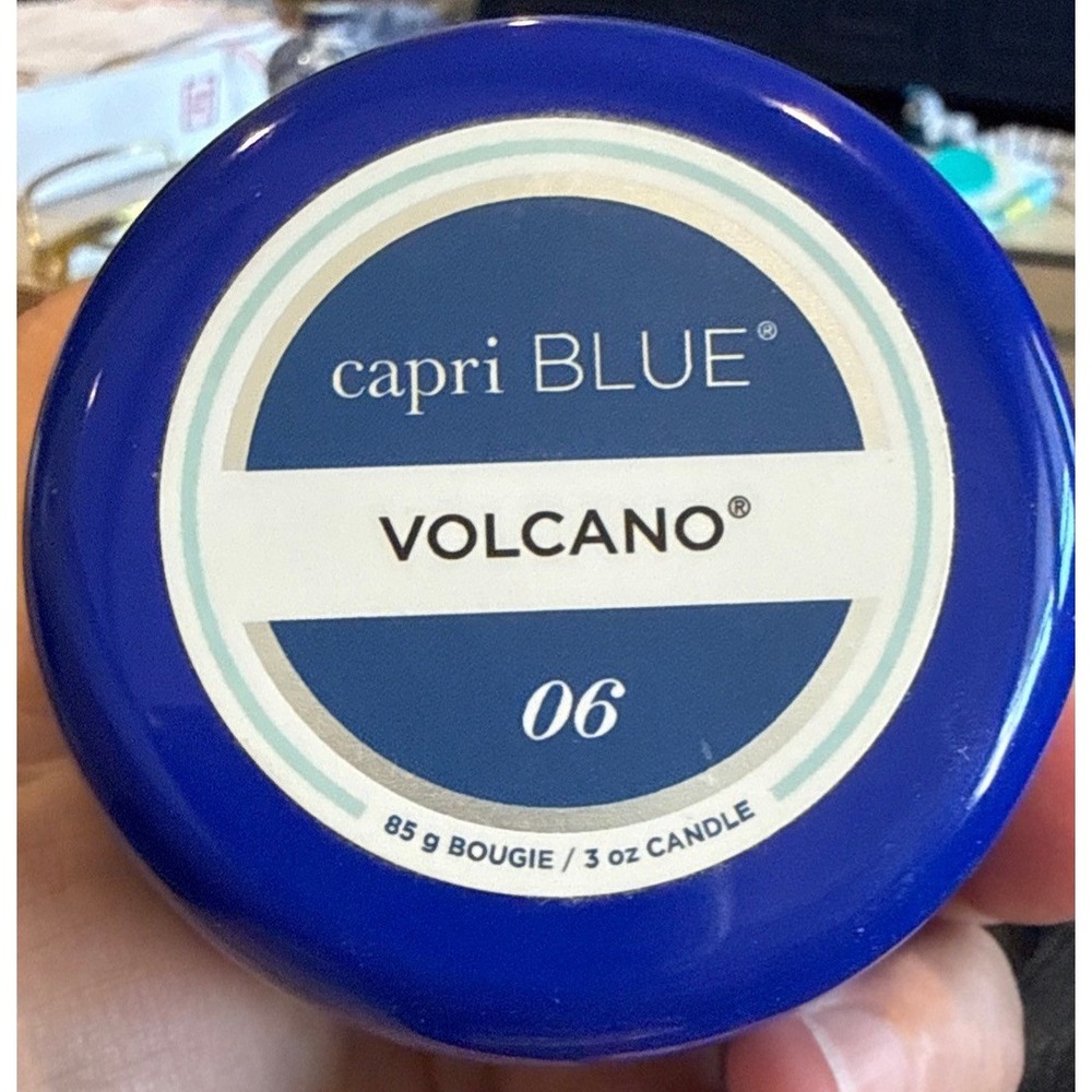 Capri Blue Volcano 06 Scented Candle 3 oz Blue Geometric Travel Tin Small Bougie